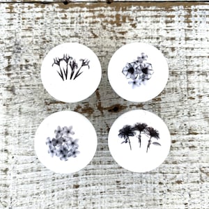 Floral Ceramic Drawer Knobs: Black & White Flower Pulls, Set of 4