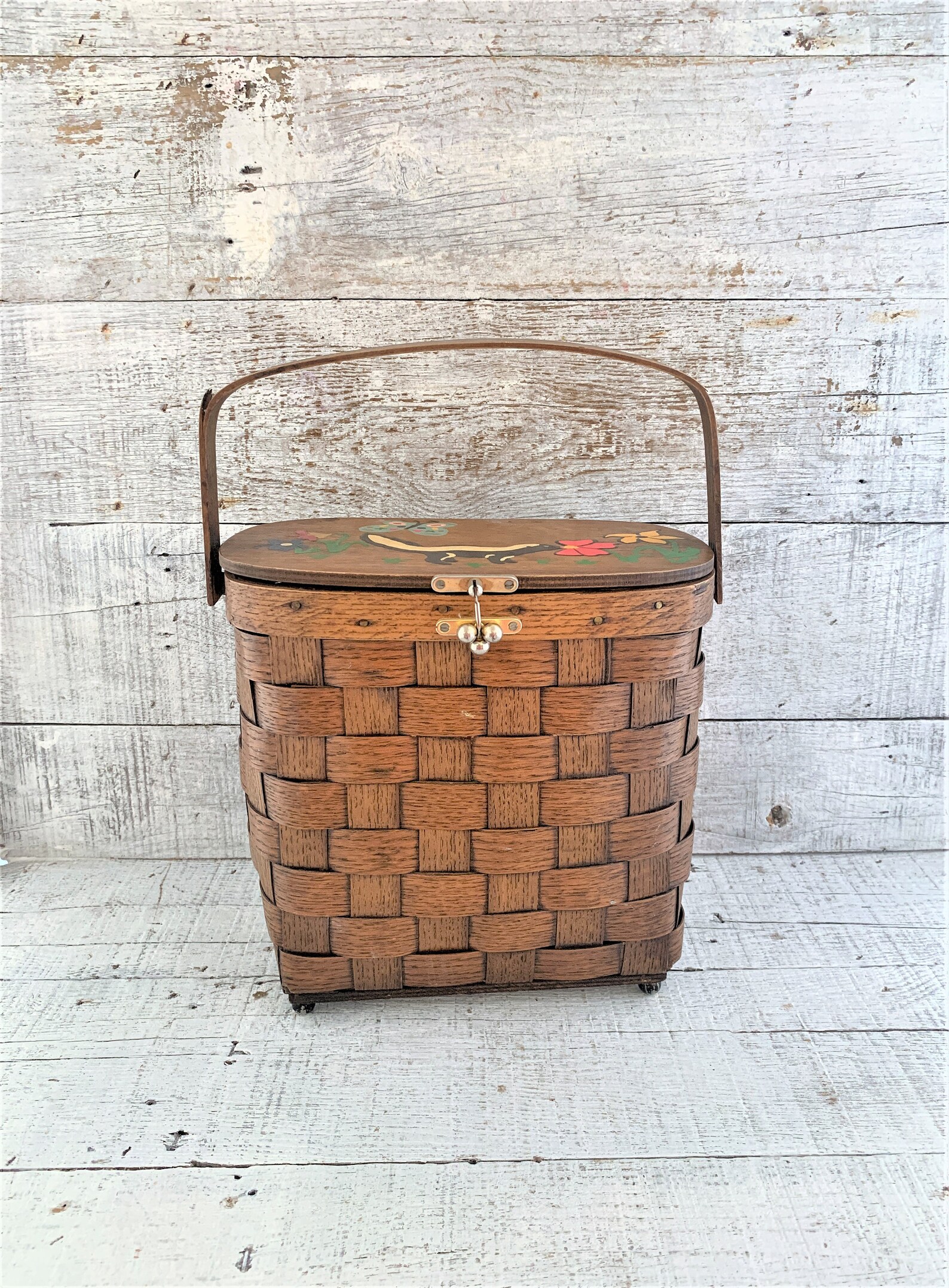 Basket Wood Basket Folk Art Basket Hand Painted Basket Rustic Etsy