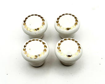 Mid Century Ceramic Drawer Knobs: White & Gold Leaf, Set of 4