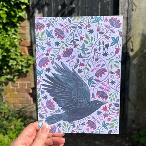 A5 Größe blanko Grußkarte, Kunst, Rabenvogel, Rabe, Reiher, Jugenstil, Muster, Blumen, Künstler, Fine Art Karte