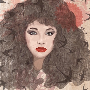 May include: A digital illustration of a woman with long brown hair and red lipstick. She is surrounded by black birds. The text "I just know that something good is gonna happen..." is at the bottom of the image.
