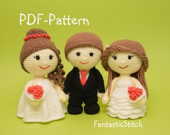 Crochet pattern wedding couple SET bride groom wave and ruffles dresses amigurumi PDF