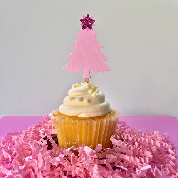Pink Christmas Tree Cupcake Toppers Party First Pink Christmas Tree Cupcake Toppers Party First