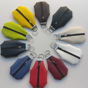 Può includere: Una collezione di dieci portachiavi con colori e design diversi. I portachiavi sono in pelle e hanno una chiusura a zip. I portachiavi sono disposti in cerchio su uno sfondo bianco.