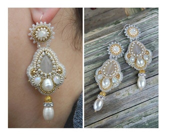 White gold chandelier earrings Bridal statement earrings pearl Bead embroidered earrings with gemstone Large rose quartz earrings for women