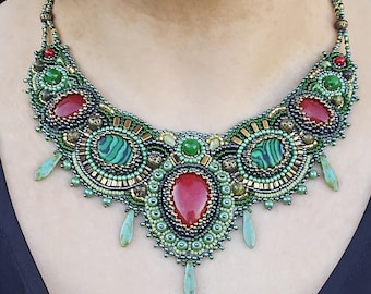 Red and green statement necklace Bead embroidered jewelry with gemstone Handmade Chunky bib necklace for women Christmas gift