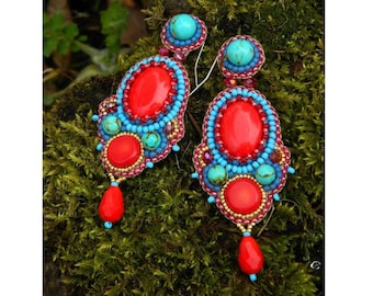 Turquoise and coral statement earrings Bead embroidered earrings with gemstone Handmade Red and blue chandelier earrings for women