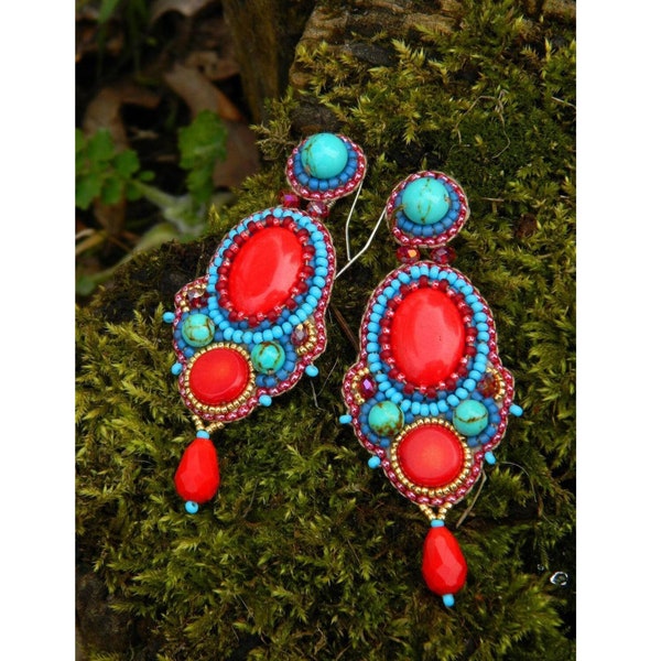 Turquoise and coral statement earrings Bead embroidered earrings with gemstone Handmade Red and blue chandelier earrings for women