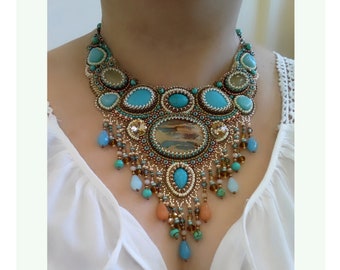 Bead embroidered necklace Turquoise bib necklace for women Bold statement necklace with fringe