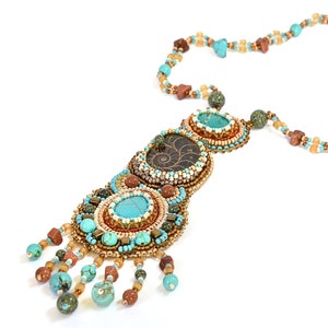 Ammonite Turquoise statement necklace Bead embroidered necklace Handmade Large teal green necklace for women Gemstone chunky bib necklace