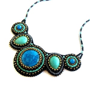 Royal blue statement necklace Bead embroidered necklace Turquoise chunky necklaces for women Gemstone bib necklace image 8