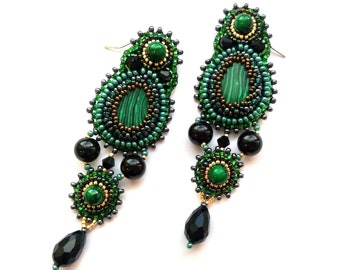 Bead embroidery earrings Green gold statement earrings Malachite chandelier earrings Handmade Large gemstone earrings for women