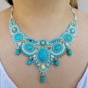 Pearl and Turquoise statement necklace Bead embroidered necklace Handmade Large blue white necklace for women Gemstone collar bib necklace