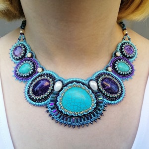 Turquoise statement necklace for women Bead embroidered jewelry with gemstone Handmade Purple and teal bib necklace Collar chunky necklace image 4