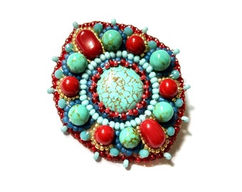 Red Teal brooch for women Handmade Bead embroidered jewelry Turquoise and coral brooch Oval gemstone brooch pin