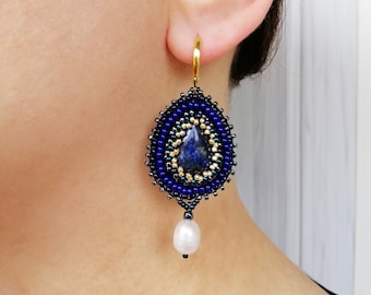 Royal blue and gold earrings Bead embroidered jewelry with gemstone Lapis lazuli chandelier earrings for women Pearl earrings for bride