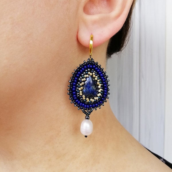 Royal blue and gold earrings Bead embroidered jewelry with gemstone Lapis lazuli chandelier earrings for women Pearl earrings for bride