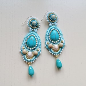 Turquoise chandelier earrings Bead embroidered jewelry with gemstone Blue gold statement earrings for women Pearl earrings for bride