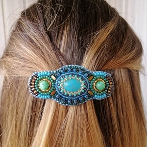 Small turquoise barrette Teal beaded hair clip for women Handmade Bead embroidered jewelry with gemstone