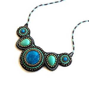 Royal blue statement necklace Bead embroidered necklace Turquoise chunky necklaces for women Gemstone bib necklace image 1