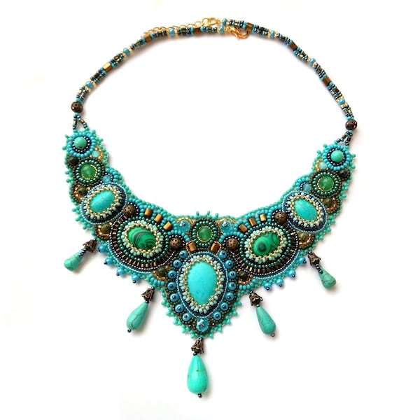 Malachite Turquoise statement necklace Bead embroidered necklace Handmade Large teal green necklace for women Gemstone collar bib necklace