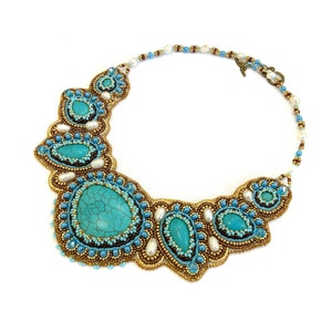 Turquoise bib necklace Bead embroidered jewelry Handmade Blue gold statement necklace for women Gemstone collar necklace Gift for her