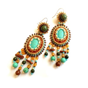 Turquoise ethnic chandelier earrings Teal statement earrings for women Bead embroidery earrings with gemstone Handmade Mother day gift image 1