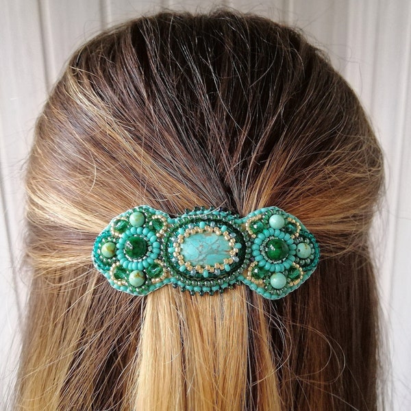 Small turquoise hair clip Emerald green beaded barrette Bead embroidery jewelry Handmade Gemstone hair accessories for women Сhristmas gift