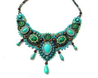 Malachite Turquoise statement necklace Bead embroidered necklace Handmade Large teal green necklace for women Gemstone collar bib necklace
