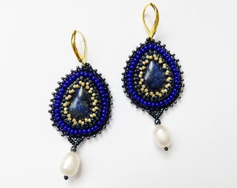Lapis lazuli and pearl earrings for women Bead embroidery earrings with gemstone Gold and royal blue drop earrings Handmade Gift for wife