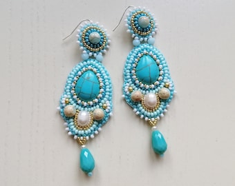 Turquoise chandelier earrings Bead embroidered jewelry with gemstone Blue gold statement earrings for women Pearl earrings for bride