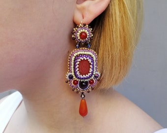 Aztec earrings Orange statement earrings for women Handmade Bead embroidery jewelry with gemstone Carnelian chandelier earrings Gift for her