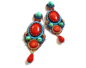 Red coral turquoise earrings Red chandelier earrings dangle Bead embroidery jewelry Red statement earrings for women Birthday gifts for her