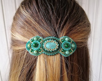 Small turquoise hair clip Emerald green beaded barrette Bead embroidery jewelry Handmade Gemstone hair accessories for women Сhristmas gift