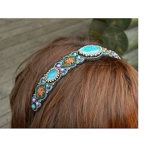 Teal beaded headband for women Jeweled headpiece Bead embroidered jewelry with vein agate Handmade Gemstone hair accessories Gift for her