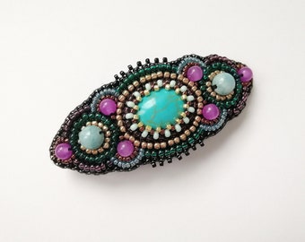 Small teal hair clip for women Turquoise beaded barrette Bead embroidery jewelry Handmade Gemstone hair accessories Gift for her