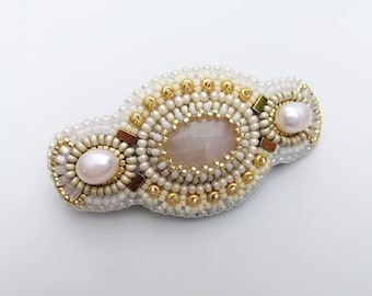 Small wedding hair clip for women Quartz and Pearl beaded barrette Bead embroidered jewelry with gemstone Handmade hair accessories