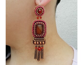 Orange statement earrings Bead embroidered jewelry with gemstone Large chandelier earrings for women Terracotta earrings with fringe