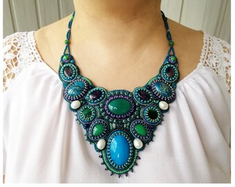 Teal statement necklace Pearl Agate bib necklace Handmade Bead embroidery necklace with gemstone Large blue green necklace for women