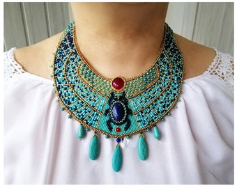 Egyptian statement necklace Turquoise bib necklace for women Bead embroidered jewelry Scarab necklace