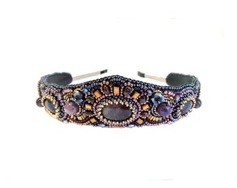 Kokoshnik Purple beaded statement headband Bead embroidery jewelry with amethyst and garnet Jeweled headpiece Handmade Gemstone tiara