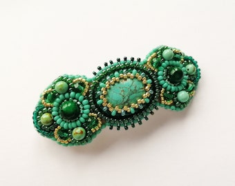 Small mint green hair clip for women Turquoise beaded barrette Bead embroidered jewelry with gemstone Handmade hair accessories