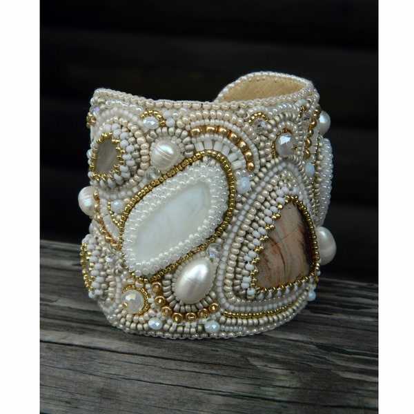 White gold bracelet Pearl cuff bracelet wedding Bead embroidery jewelry Handmade Statement bracelet for women