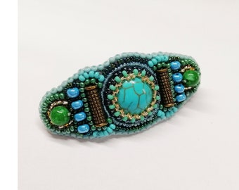 Small turquoise barrette Teal beaded hair clip for women Handmade Bead embroidered jewelry with gemstone Gift for her