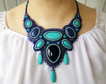 Dark blue statement necklace Bead embroidered necklace with gemstone Handmade Turquoise bib necklace for women Chunky collar necklace