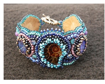 Bead embroidered cuff bracelet with gemstone Statement bracelets for women Handmade Wide beaded bracelet with malachite Ammonite jewelry
