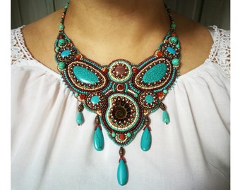 Turquoise statement necklace for women Bead embroidery jewelry with gemstone Handmade Large ammonite bib necklace Collar chunky necklace