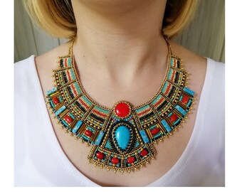 Egyptian collar necklace Bead embroidery jewelry with gemstone Handmade Coral Turquoise statement necklace for women Goddess bib necklace