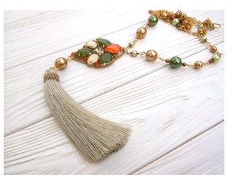 Long necklace with statement pendant Bead embroidered jewelry Handmade Sotuar Boho tassel necklace for women Orange and green necklace