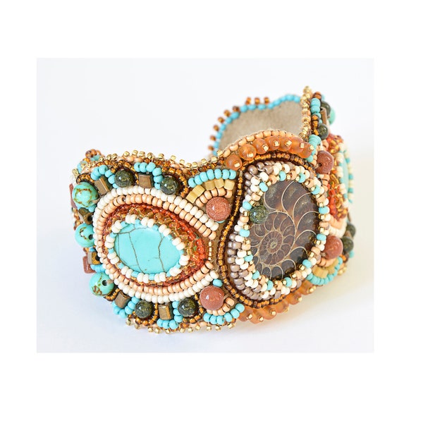 Bead embroidered bracelet with gemstone Large statement bracelet Ammonite turquoise beaded cuff bracelet Wide brown blue bracelet for women